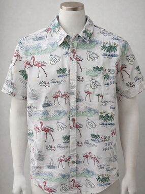 Reverse Threads Men's White Flamingo Print Short-Sleeve Button-Up Shirt